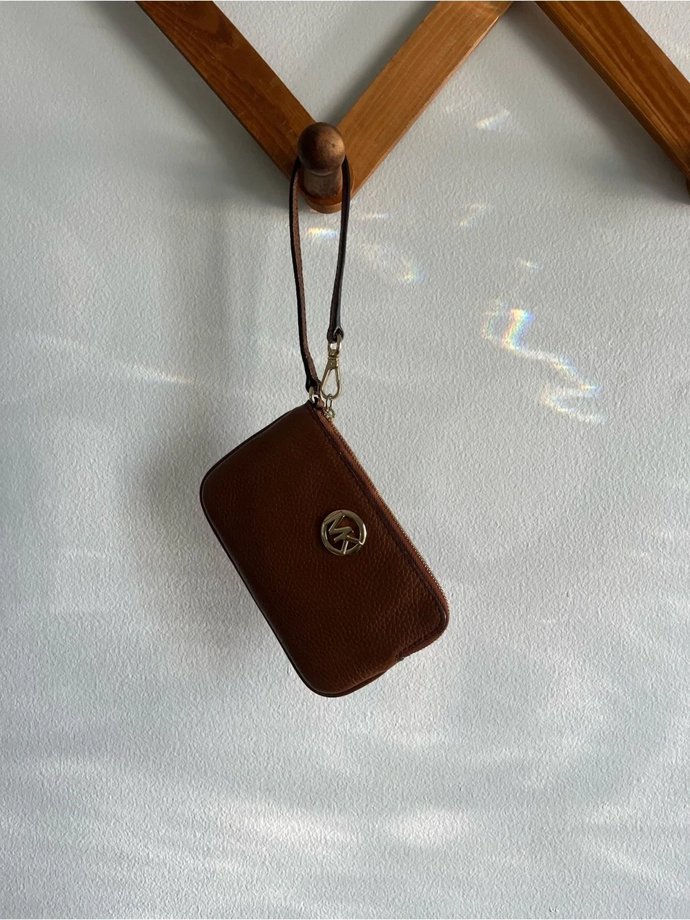 Michael Kors Cognac Brown Leather Zip Wristlet with Gold Logo